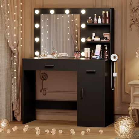JUMMICO 35.4" Vanity Desk with LED Mirror & Power Outlet, Makeup Vanity Table with 3 Open Storage Shelves, Drawers and Cabinet, 3 Model Adjustable Lights for Bedroom & Dressing Room (Black) JUMMICO
