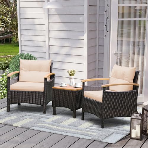 Tangkula 3-Piece Patio Furniture Set, Patiojoy Outdoor Rattan Sofa Set with Coffee Table, Patio Conversation Set with Removable Cushion, Cozy Acacia Wood Armrests for Backyard, Poolside (Beig - WoodArtSupply