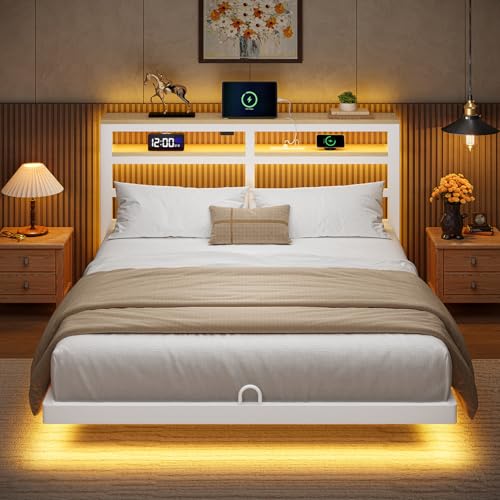 kozfrn Floating Bed Frame Full Size with Storage Headboard,Modern Metal Platform with Smart LED Lights and Charging Station,Metal Slat Support,No Box Spring,Easy Assembly,Noise-Free,White kozfrn