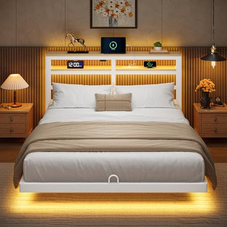 kozfrn Floating Bed Frame Full Size with Storage Headboard,Modern Metal Platform with Smart LED Lights and Charging Station,Metal Slat Support,No Box Spring,Easy Assembly,Noise-Free,White kozfrn