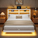 kozfrn Floating Bed Frame Queen Size with Storage Headboard,Modern Metal Platform with Smart LED Lights and Charging Station,Metal Slat Support,No Box Spring,Easy Assembly,Noise-Free,White kozfrn