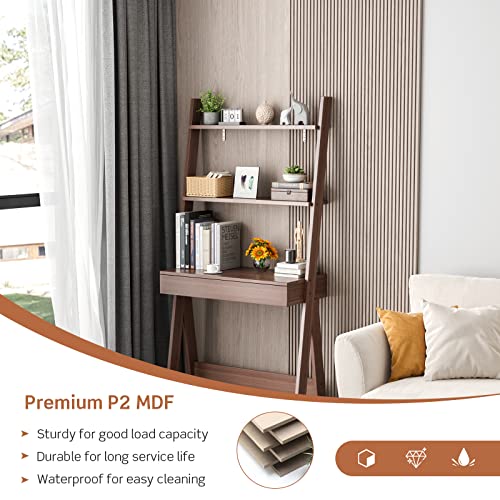 Tangkula Walnut Ladder Desk with 2-Tier Bookshelf and Drawer for Modern Storage Solutions Tangkula