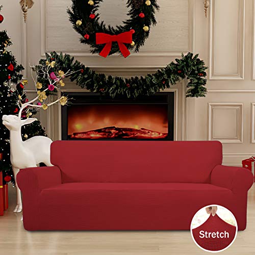 Easy-Going Stretch Sofa Slipcover 1-Piece Sofa Cover Furniture Protector Couch Soft with Elastic Bottom for Kids, Polyester Spandex Jacquard Fabric Small Checks (Sofa, Christmas Red) Easy-Going