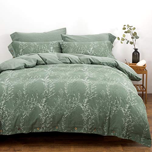 OREISE Duvet Cover Set Full/Queen Size Washed Cotton Yarn, Jacquard Green and White Thin Branch Pattern Floral Style 3Piece Bedding Set OREISE