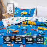 Holawakaka Trucks Excavator Cars Boy Bedding Comforter Set with Sheets, Twin Size Cartoon Construction Car Tractors Print Kids Bed in A Bag 5-Piece, Boys Reversible Dorm Bed Sets (Blue Twin) Holawakaka