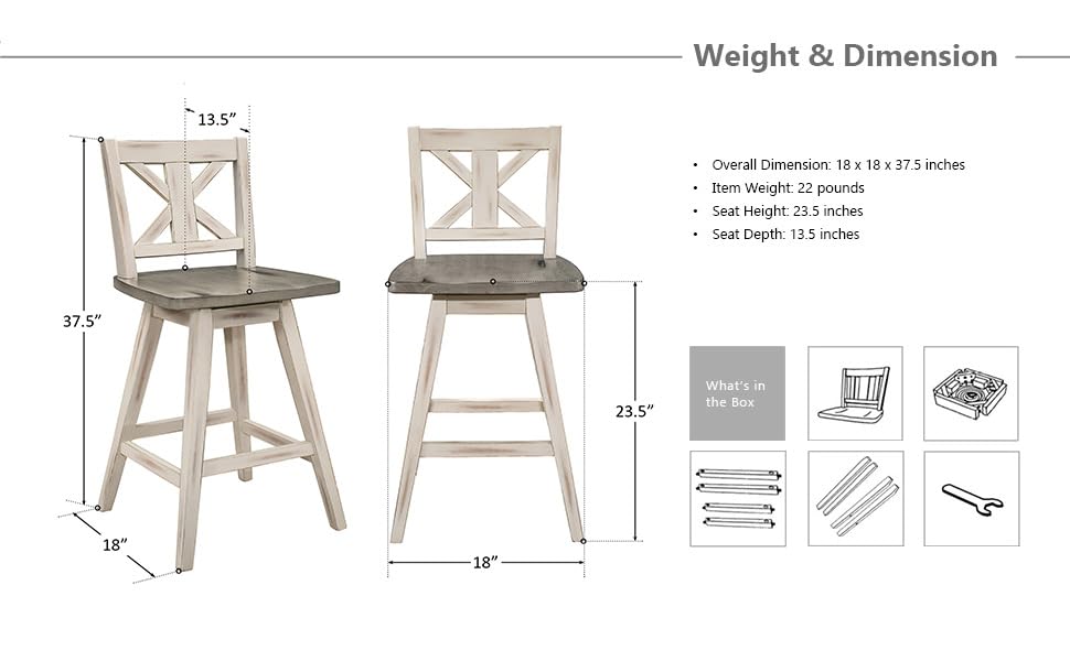 Lexicon Swivel Counter Height Bar Stools-Set-of-2, Modern Solid Wood Kitchen Stools Counter Height, High Back, Swivel Seat, Footrest for Kitchen Island, Easy Assembly, X-Back, 24" SH, White Lexicon
