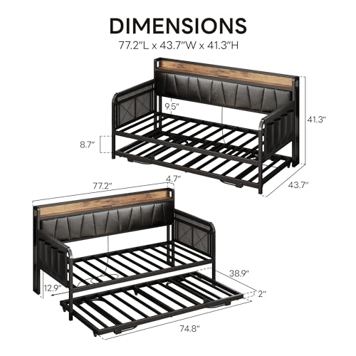 LIKIMIO Daybed with Trundle Bed, Twin Bed Frame with Storage Headboard and Charging Station, Sofa Day Bed with Strong Supports for Living Room, Bedroom, and Guest Room, Black LIKIMIO