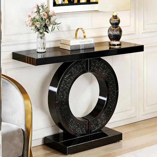 KEIKI Modern Mirrored Console Table with Crystal O-Shaped Base, 43" Luxury Glass Entryway Sofa Table, Rectangular Accent Foyer Table for Living Room Foyer Hallway Entrance, Black KEIKI