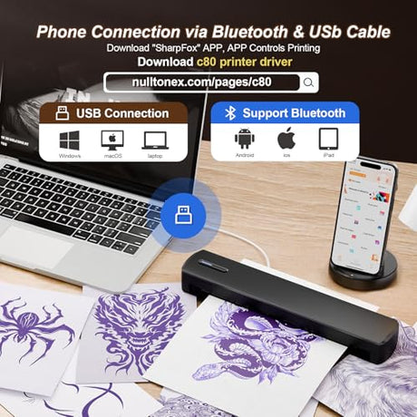 Tattoo Stencil Printer, Portable Wireless Bluetooth Thermal Transfer Machine, Supports 8.5 x 11 Letter A4 A5 Sizes, Perfect for Tattooist Business Trip Travel Home Office-Smartphone PC and Laptop NULLTONEX
