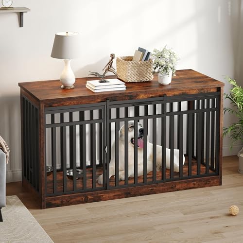 DWVO 55" Extra Large Dog Crate Furniture, Heavy Duty Metal Dog Kennel TV Stand with Sliding Door, Wooden Dog Cage Table with Dog Bowl for Extra Large Medium Dogs or 2 Small Dogs, Rustic Brown DWVO