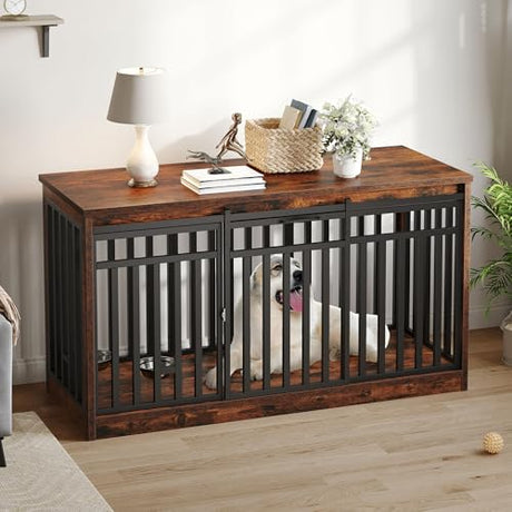 DWVO 55" Extra Large Dog Crate Furniture, Heavy Duty Metal Dog Kennel TV Stand with Sliding Door, Wooden Dog Cage Table with Dog Bowl for Extra Large Medium Dogs or 2 Small Dogs, Rustic Brown DWVO