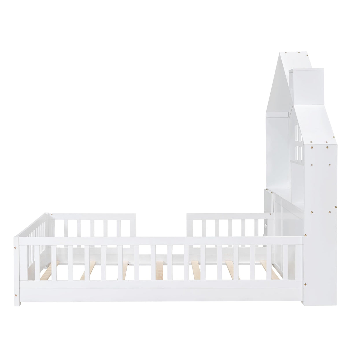 MERITLINE White Montessori Floor Bed with House Design, Drawers, Shelves, and USB Ports for Kids MERITLINE