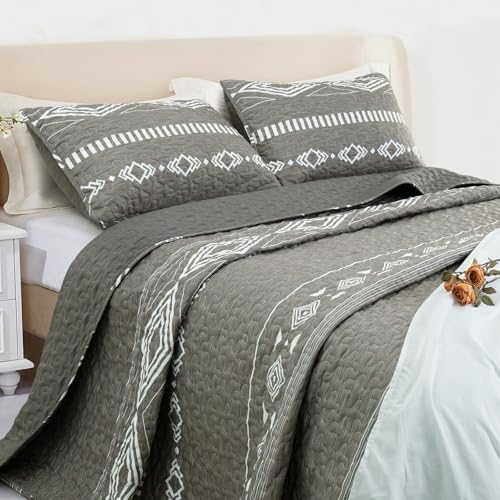 Whale Flotilla Full Queen Size Quilt Set - Reversible Grey Quilts Queen Size with 2 Pillow Shams, Lightweight Boho Striped Bedspreads Coverlet Bedding Set for All Seasons Whale Flotilla