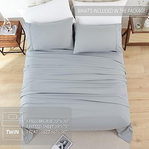 Whitney Home Textile Twin Sheet Set - 3 Piece Bed Sheets for Twin Size Bed, Extra Soft Breathable, Deep Pocket Hotel Luxury Cooling Sheets, Wrinkle Free Oeko-Tex, Grey Whitney Home Textile