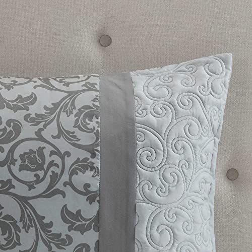 510 DESIGN Luxe Quilted Comforter Set Modern Transitional Design, All Season Down Alternative Warm Bedding Matching Shams, Bedskirt, Decorative Pillow, Cal King, Ramsey Damask Grey