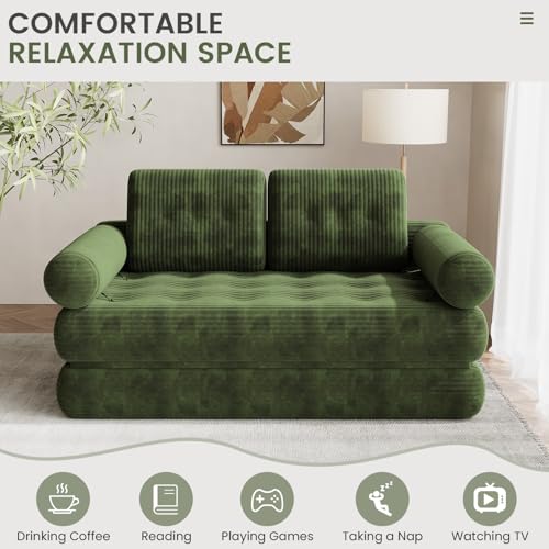 DSNAPE 59" Convertible Sofa Bed, 5-in-1 Folding Loveseat Sleeper Chair with Pillows Removable Armrests, Fold Out Boneless Couch Futon Floor Mattress Lounge for Apartment Dorm Living Room - Green, Full DSNAPE