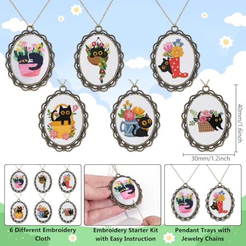 INFUNLY 6 Set Retro Embroidery Pendant Kit for Beginner Cat Plant DIY Embroidery Stitching Necklace Mini Embroidery Stitch Kit Sewing Jewelry Kits with Hoop Instructions for Adults Art Gifts Hanging