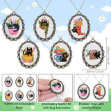 INFUNLY 6 Set Retro Embroidery Pendant Kit for Beginner Cat Plant DIY Embroidery Stitching Necklace Mini Embroidery Stitch Kit Sewing Jewelry Kits with Hoop Instructions for Adults Art Gifts Hanging