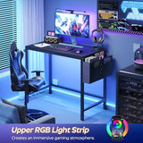 YATINEY Computer Desk with LED Lights, Gaming Desk with Storage Bag and Breathable Mesh Desktop, Home Office Desk with Headphone Hook, for Home Office, Gaming Room, Black and Gray DN07DBB YATINEY