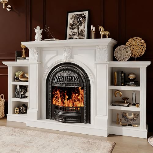 BLANKSPACE 80 Inch Electric Fireplace with Mantel, Tv Stand with Black Birdcage Fire Place Heater and Carved Square Column Design Design for Living Room, Bedroom BLANKSPACE