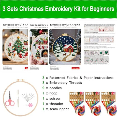 Smart-Feather 3pcs Embroidery kit for Holiday, Embroidery Kits for Christmas Cottage with Hoop for Adults with Hoop, DIY Art Project Craft Kit (Welcome) Smart-Feather