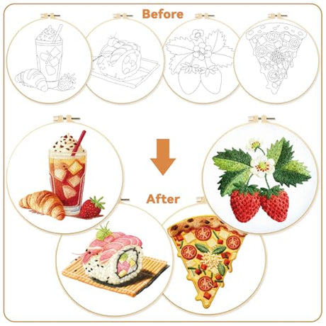 BEUNITONE 4 Set Strawberry Embroidery Kit for Beginners, Food/Drink Needlepoint Kits for Adults with Hoops, Instructions and Full Kit, Personalized Hand Embroidery Patterns for Cloth and Home Decor BEUNITONE