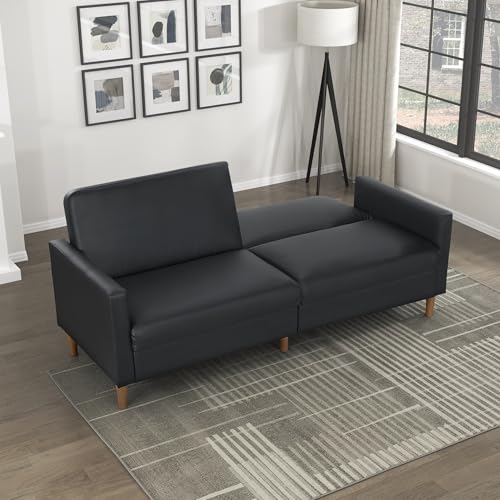 Lexicon 79"W Convertible Futon Sofa Bed, Loveseat, Faux Leather Upholstered Couch Sleeper, Adjustable Backrests, Padded Pocket Coil, Solid Wood Legs for Living Room, Bedroom, Apartment, Office, Black Lexicon
