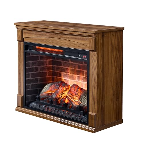 TEVUTEVU 28 inch TV Stand with Electric Fireplace, 1500W Heater & Remote Control, Mobile Entertainment Center with Wheels, 4 Adjustable Flame Settings,Timing Funcion, for Living Room,Dark Oak TEVUTEVU