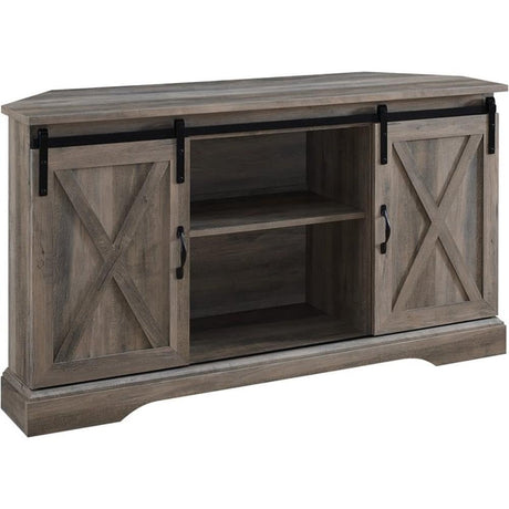 Pemberly Row Farmhouse Wood Corner TV Stand for TVs up to 52" with Sliding Barn Doors, 3 Adjustable Shelves, Cord Management Ports, for Living Room, in Gray Finish Pemberly Row