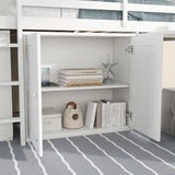 KEIKI Twin Low Loft Bed with Pull-Out Desk, Rubberwood Loft Bed with Storage Cabinets, Drawers & Shelves, Space-Saving Twin Bed for Kids, White KEIKI
