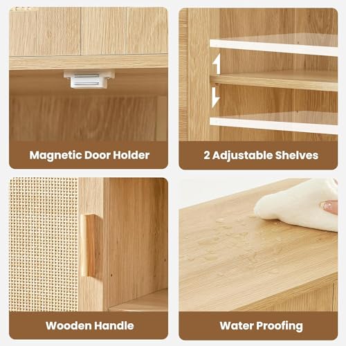 Iwell Storage Cabinet, Rattan Cabinet with 4 Adjustable Shelves, Bathroom Floor Cabinet, Sideboard Buffet Cabinet, Coffee Bar Cabinet, Accent Cabinet for Living Room, Entryway, Natural Iwell