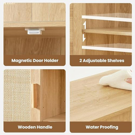 Iwell Storage Cabinet, Rattan Cabinet with 4 Adjustable Shelves, Bathroom Floor Cabinet, Sideboard Buffet Cabinet, Coffee Bar Cabinet, Accent Cabinet for Living Room, Entryway, Natural Iwell