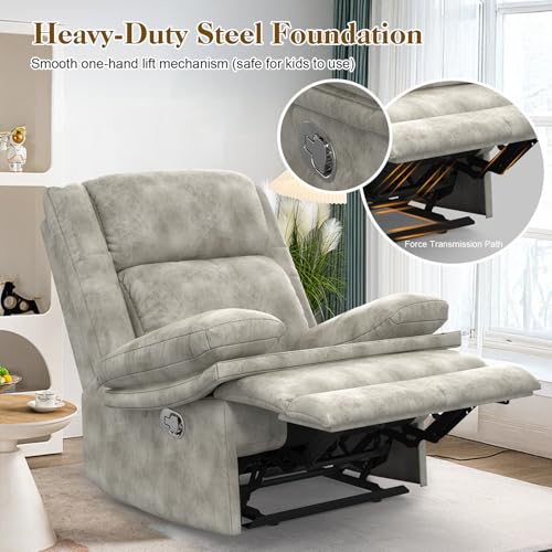 FURNIMAT Recliner Chair for Adults, Oversized Manual Pull Tab Reclining Chair, 2-Tier Cushions, Minimalist Style Single Sofa for Living Room, RV (Polished Microfiber)