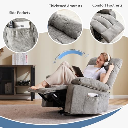 DUMOS Rocker Recliner Chair, Swivel Recliner with Vibration Massage & Lumbar Heating, 270° Rotating Chenille Fabric Recliner with footrest for Living Room & Bedroom, Grey