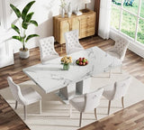 7-Piece Extendable Dining Table Set for 6-8 People 63-78 Inch Kitchen Table Set with 6 Beige Upholstered Chairs Modern White Faux Marble Rectangular Dining Room Table Set for Kitchen Apartment Goujxcy