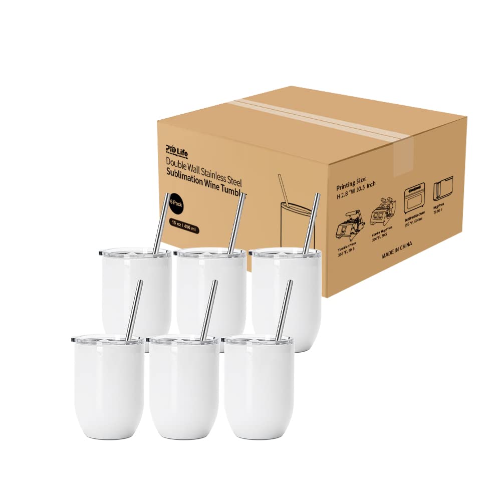 PYD Life Sublimation Wine Kids Tumblers Blanks Straight Bulk 15 OZ Glossy White with Leakproof Lid and Straw Stainless Steel for Cricut Mug Press Tumbler Heat Press 6 Pack PYD Life