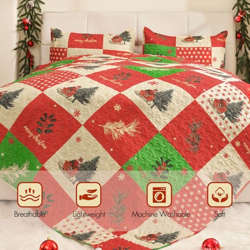 ROMROL Christmas Quilt Set King Size, Red Plaid Christmas Bedding Comforter Set Lightweight Patchwork Elks Quilted Coverlet Bedspread with 2 Pillow Shams（96 * 90”） ROMROL