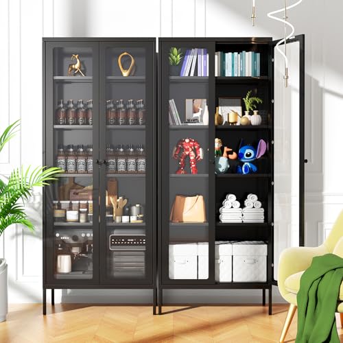 Crownland Metal Storage Cabinet with Glass Doors, Display Curio Glass Cabinet with 4 Adjustable Shelves, Tall Modern Office Storage Cabinet for Bedrooms, Living Room, Pantry(Black) - WoodArtSupply