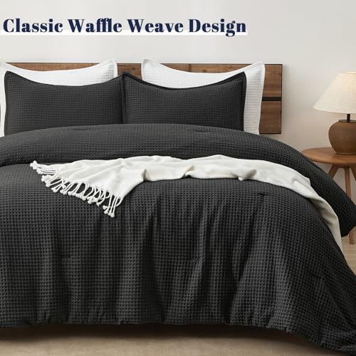 PHF Ultra Soft Waffle Weave Comforter Set King Size, 3 Pieces Lightweight Breathable Comfy Bedding Set, Comfy Textured 1 Comforter with 2 Pillow Shams, Black PHF