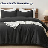 PHF Ultra Soft Waffle Weave Comforter Set Queen Size, 3 Pieces Lightweight Breathable Comfy Bedding Set, Comfy Textured 1 Comforter with 2 Pillow Shams, Black PHF