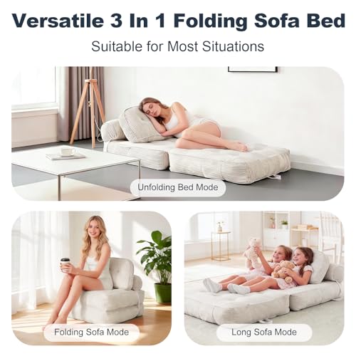 NESLAKO Folding Sofa Bed, Flannel Futon Couch Bed with Pillow and Blanket, Convertible Sleeper Chair for Living Room Bedroom, White NESLAKO