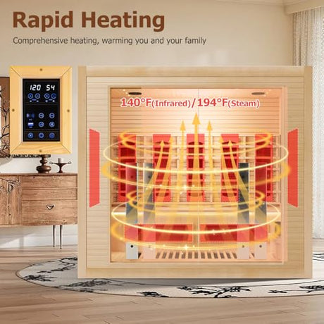4-5 Person Hybrid Home Wood Sauna, Indoor WiFi Control Far Infrared & Traditional Canadian Hemlock Steam Saunas Spa with Red Light Therapy, 14 Heating elements & Electric Stove, Accessories, Rightdoor Smartmak