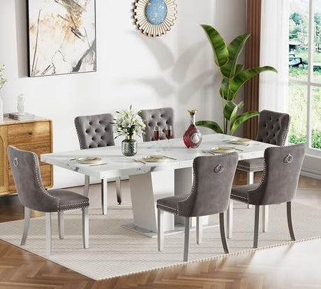 Goujxcy 7-Piece Extendable Dining Table Set for 6-8 People 63-78 Inch Kitchen Table Set with 6 Grey Upholstered Chairs Modern White Faux Marble Rectangular Dining Room Table Set for Kitchen Apartment Goujxcy