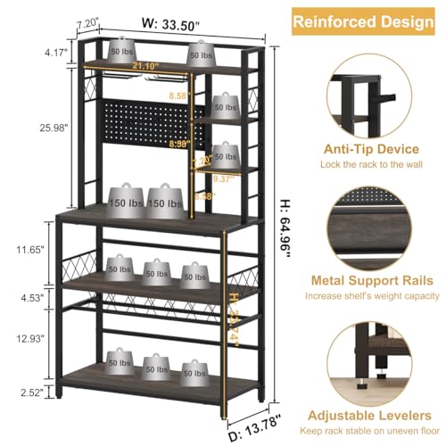 Aubtik Wine Rack Freestanding Floor, Liquor Bar Cabinet with Storage, Coffee Bar Table with Glass Holder，Bakers Stand for Home, 33.5" Wide (Walnut Brown)