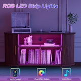 KSOBEBVT Record Player Stand with Vinyl Storage, Modern Media Cabinet with Charging Station & LED Lights, Sliding Door Turntable Stand, Audio-Visual Shelving Unit for Living Room KSOBEBVT