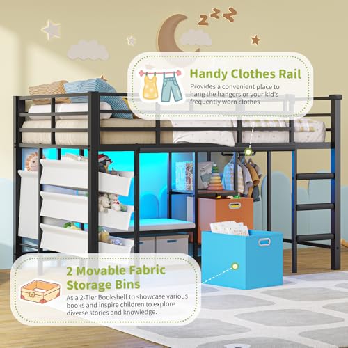 DICTAC Low Twin Loft Bed with Reading Corner,3 Sling Drawers and 2 Movable Storage Bins,Metal Twin Size Loft Bed for Kids with LED Lights and Storage Basket,13.98" H Safety Guardrail & Stairs, Black DICTAC
