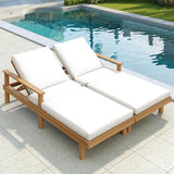 Acacia Wood Outdoor Double Chaise Lounge with 5-Position Adjustable Backrest and Armrest, All Weather Patio Recliner Chair Set of 2 with Cushions and Round Legs for Poolside Garden (Teak-4.3)