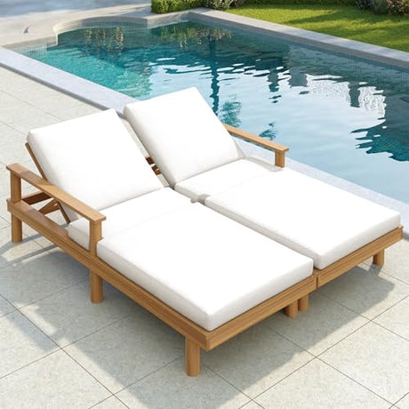 Acacia Wood Outdoor Double Chaise Lounge with 5-Position Adjustable Backrest and Armrest, All Weather Patio Recliner Chair Set of 2 with Cushions and Round Legs for Poolside Garden (Teak-4.3) XD Designs