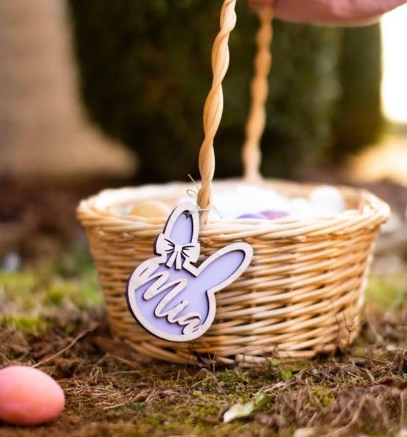 Personalized Bunny Easter Basket Tag Wooden, Custom Easter Place Card Name Easter, Basket Name Charm Kid Easter Basket Child Gift LOGGOL