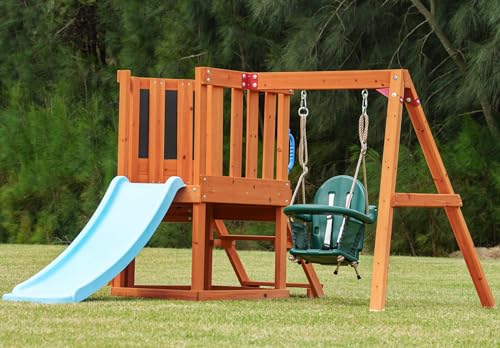 Dolphin Playground 5 in 1 Multifunction Toddler Swing Sets for Backyard, Outdoor Playset with Baby Swing, Outdoor Table, Blackboard, Slide, and Rock Climbing Wall,Toddler Swing Sets Ages 18mo - WoodArtSupply